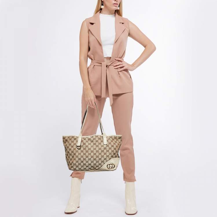 مملوكة مسبقًا Gucci Beige/Off White GG Canvas and Leather Britt Tote