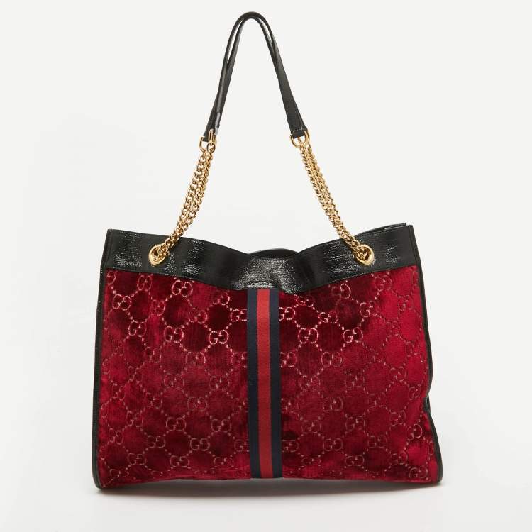 Pre Owned Gucci Red/Black Jumbo GG Velvet Large Rajah Tote