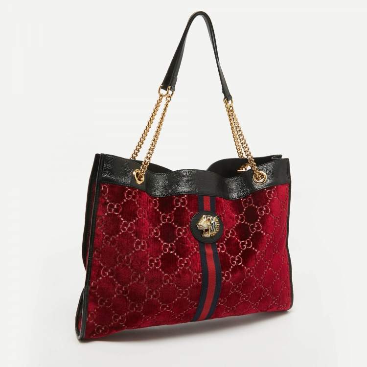 Pre Owned Gucci Red/Black Jumbo GG Velvet Large Rajah Tote