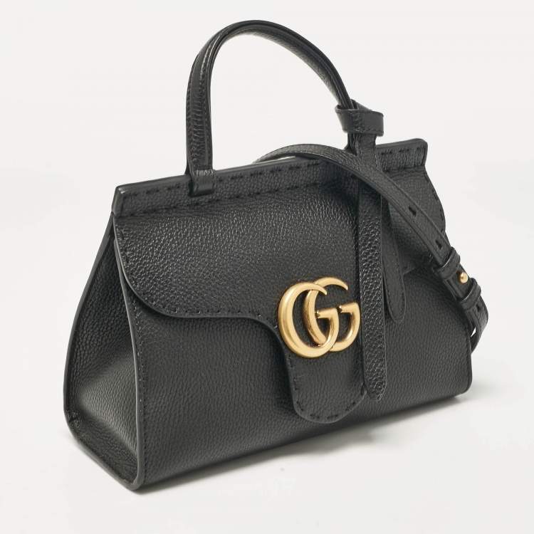 Pre Owned Gucci Black Leather Mini GG Marmont Top Handle Bag