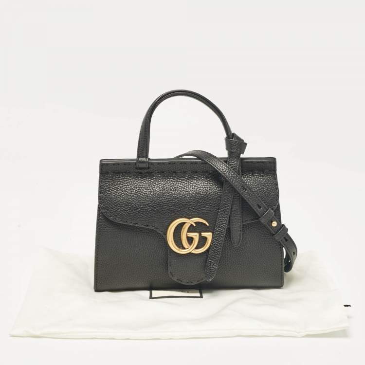 Pre Owned Gucci Black Leather Mini GG Marmont Top Handle Bag