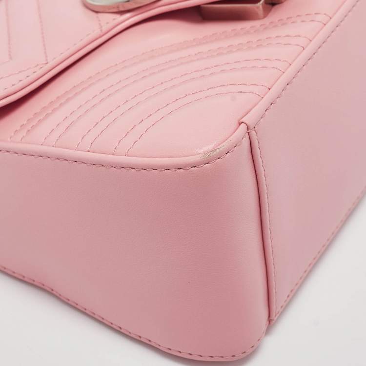 Pre Owned Gucci Pink Matelassé Leather Mini GG Marmont Top Handle Bag