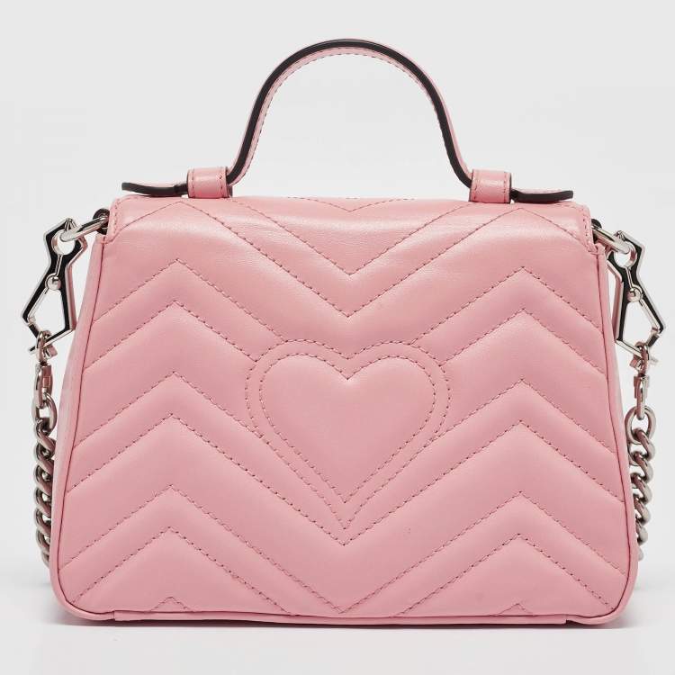 Pre Owned Gucci Pink Matelassé Leather Mini GG Marmont Top Handle Bag