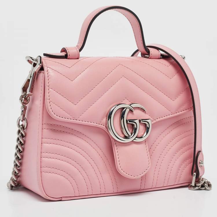 Pre Owned Gucci Pink Matelassé Leather Mini GG Marmont Top Handle Bag