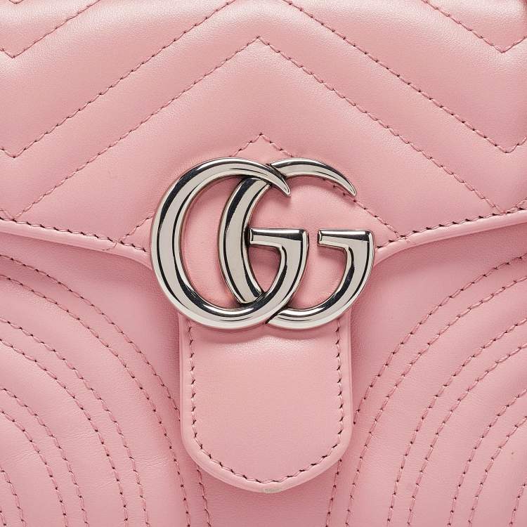 Pre Owned Gucci Pink Matelassé Leather Mini GG Marmont Top Handle Bag