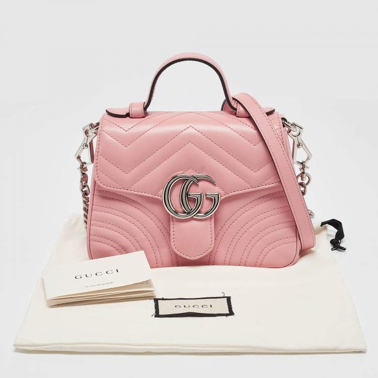 Pre Owned Gucci Pink Matelassé Leather Mini GG Marmont Top Handle Bag