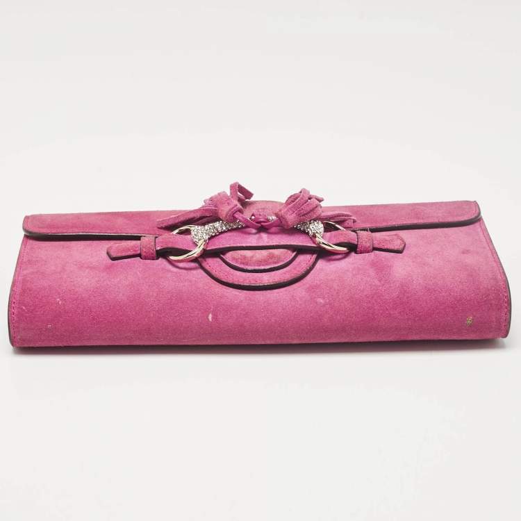 Pre Owned Gucci Pink Suede Crystals Horsebit Broadway Clutch