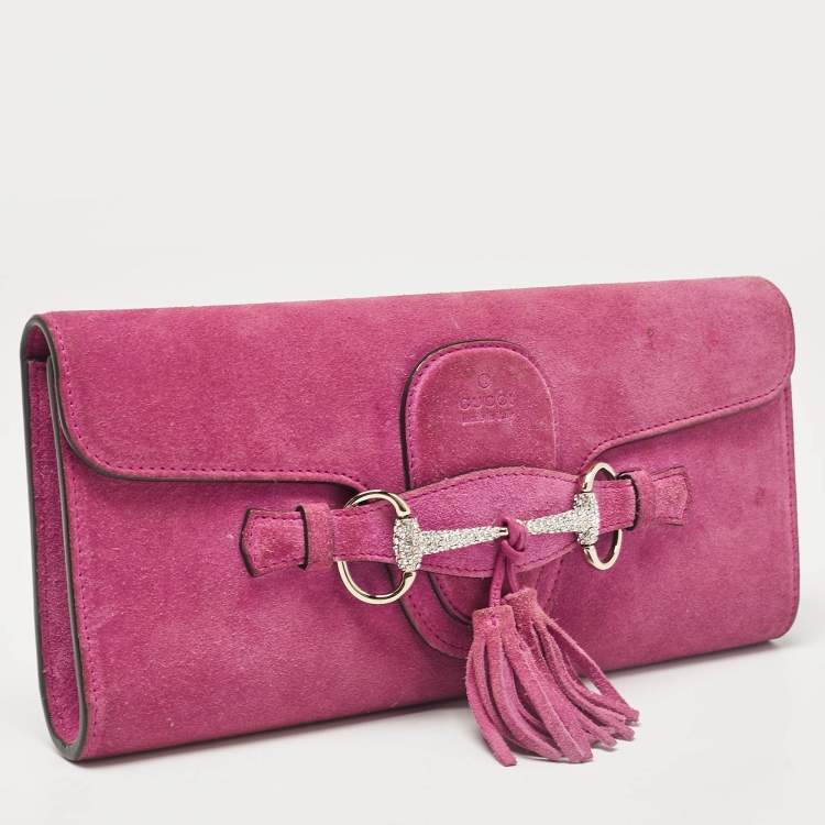 Pre Owned Gucci Pink Suede Crystals Horsebit Broadway Clutch