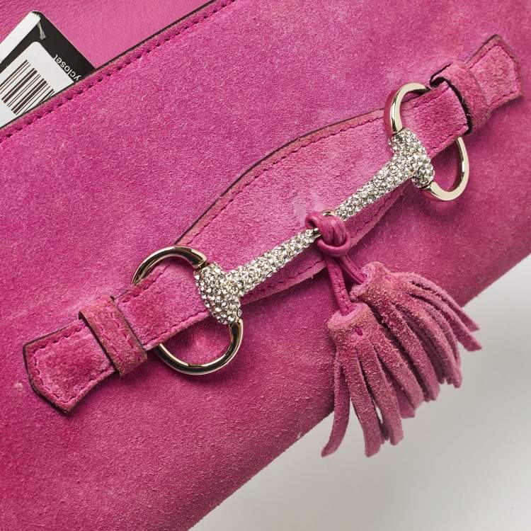 Pre Owned Gucci Pink Suede Crystals Horsebit Broadway Clutch
