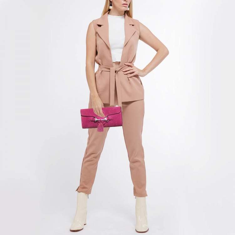 Pre Owned Gucci Pink Suede Crystals Horsebit Broadway Clutch