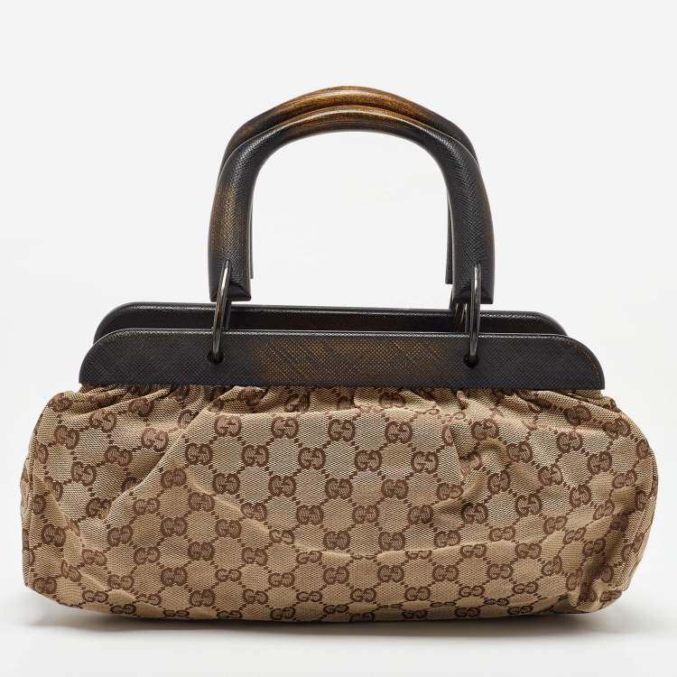 Pre Owned Gucci Beige GG Canvas Wooden Handle Satchel