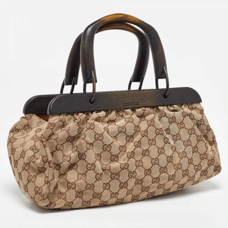 Pre Owned Gucci Beige GG Canvas Wooden Handle Satchel