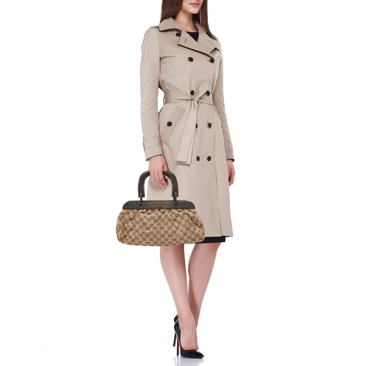 Pre Owned Gucci Beige GG Canvas Wooden Handle Satchel
