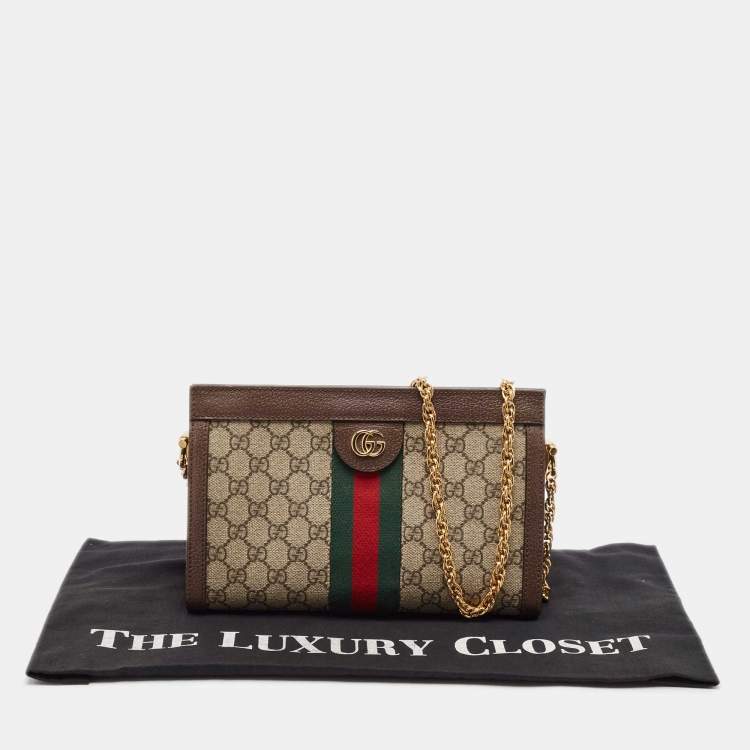 Pre Owned Gucci Beige/Brown GG Supreme Canvas and Leather Ophidia Chain Bag