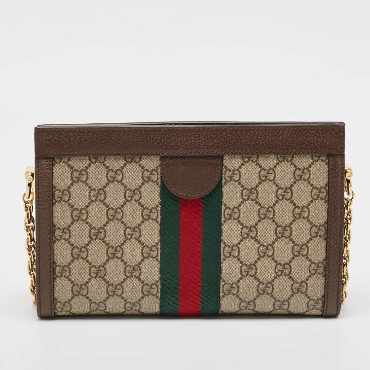 Pre Owned Gucci Beige/Brown GG Supreme Canvas and Leather Ophidia Chain Bag