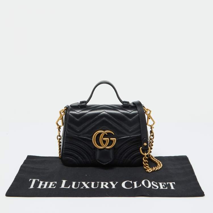 Pre Owned Gucci Black Leather GG Marmont Mini Top Handle Bag