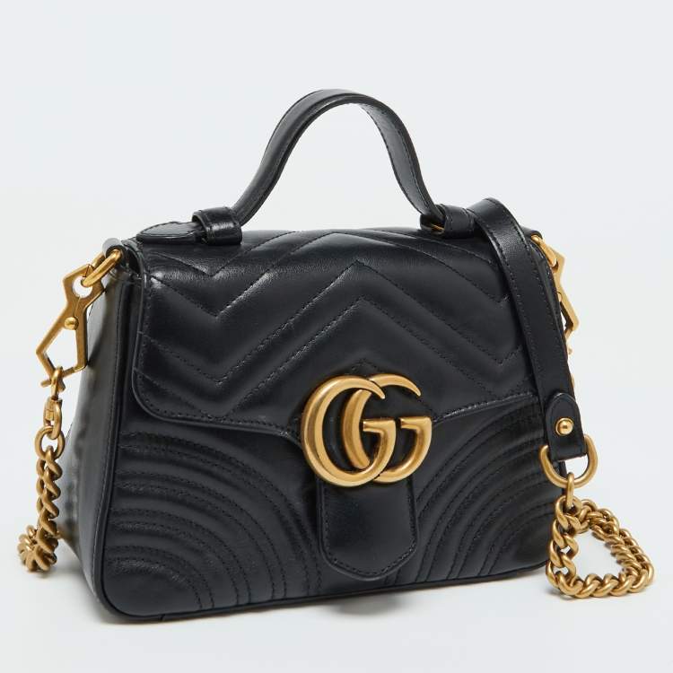 Pre Owned Gucci Black Leather GG Marmont Mini Top Handle Bag