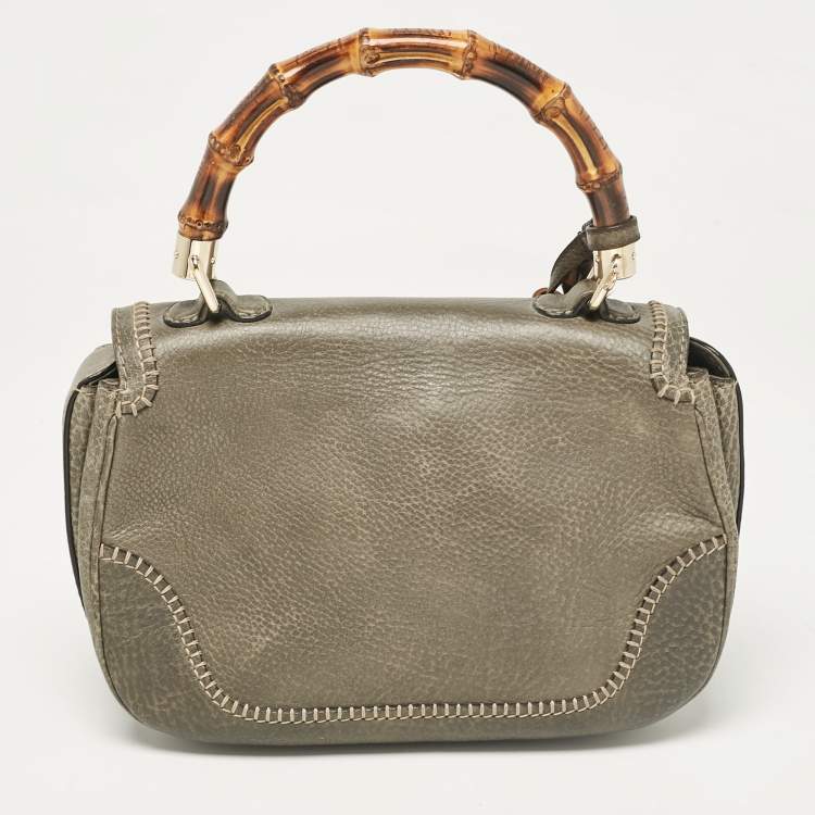 Pre Owned Gucci Grey Leather Medium New Bamboo Top Handle Bag