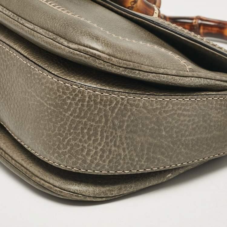 Pre Owned Gucci Grey Leather Medium New Bamboo Top Handle Bag