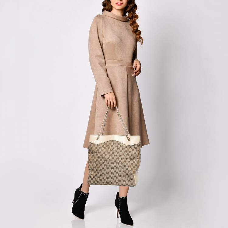 Pre Owned Gucci Beige Canvas Leather Tote