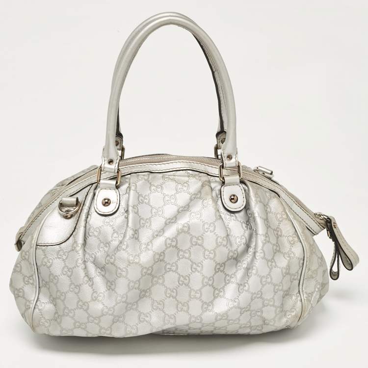 Pre Owned Gucci Silver Guccissima Leather Sukey Satchel