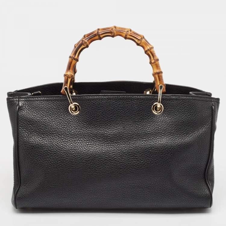 Pre Owned Gucci Black Leather Medium Bamboo Shopper Tote