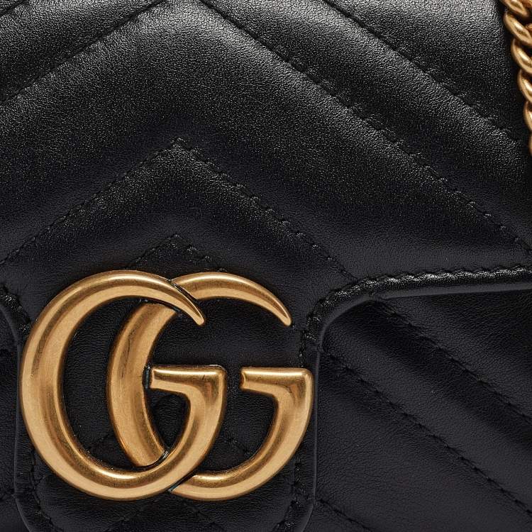 Pre Owned Gucci Black Matelassé Leather Super Mini GG Marmont Shoulder Bag