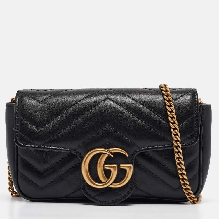 Pre Owned Gucci Black Matelassé Leather Super Mini GG Marmont Shoulder Bag
