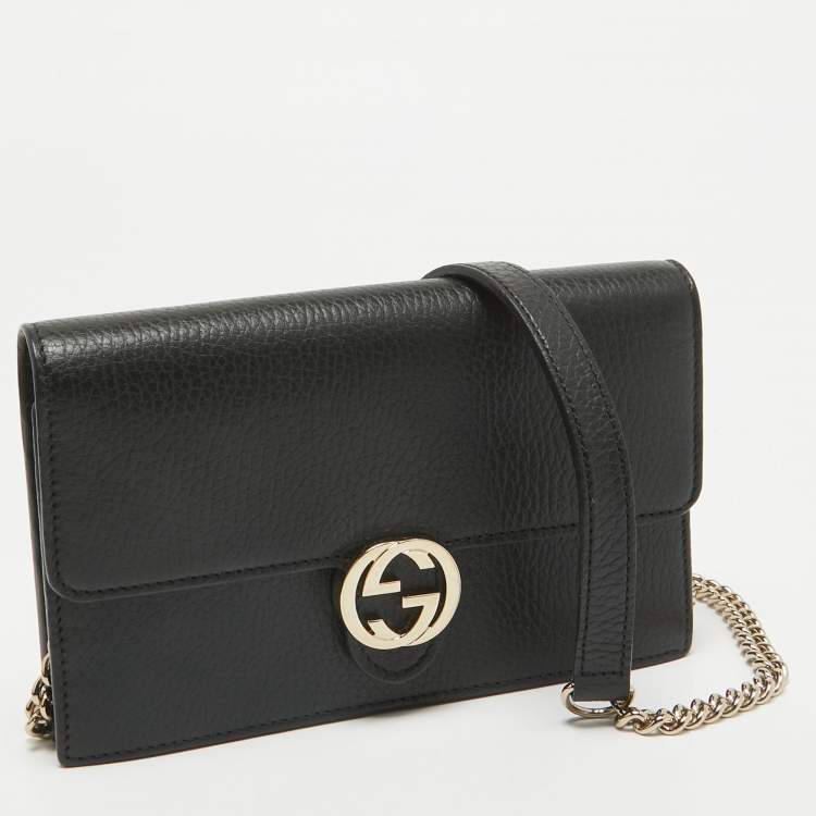 Pre Owned Gucci Black Leather Leather Interlocking G Wallet On Chain
