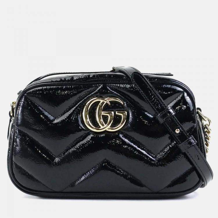 Pre Owned Gucci Black Patent Leather GG Marmont Shoulder Bag