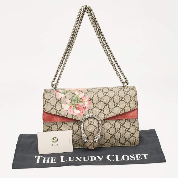 Pre Owned Gucci Pink/Beige Signature Coated Canvas and Suede Small Dionysus Shoulder Bag