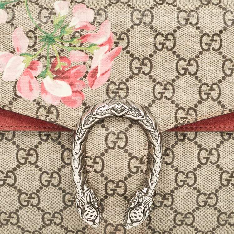 Pre Owned Gucci Pink/Beige Signature Coated Canvas and Suede Small Dionysus Shoulder Bag