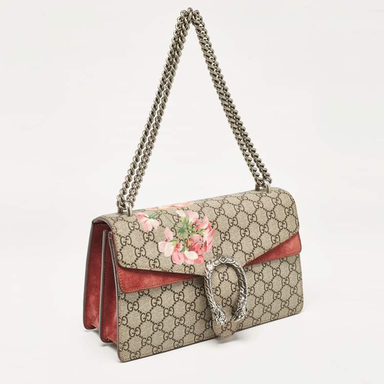Pre Owned Gucci Pink/Beige Signature Coated Canvas and Suede Small Dionysus Shoulder Bag