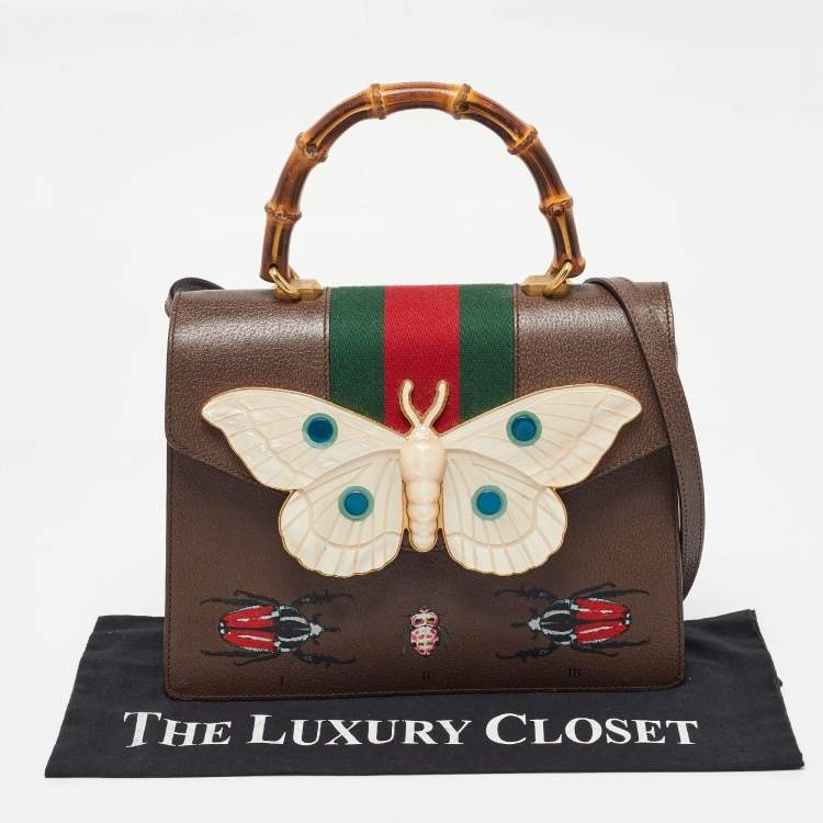 Pre Owned Gucci Brown Leather Medium Bamboo Web Falena Top Handle Bag
