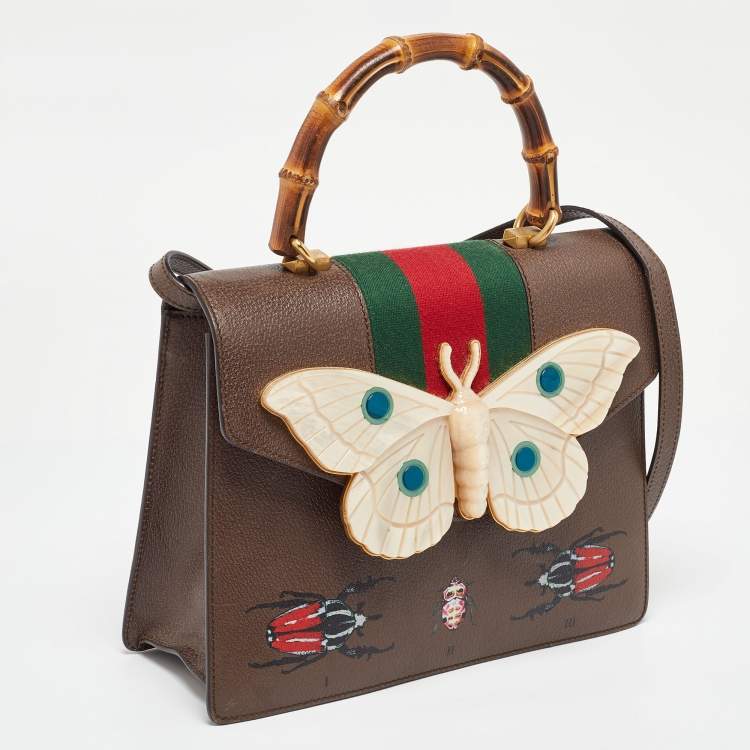 Pre Owned Gucci Brown Leather Medium Bamboo Web Falena Top Handle Bag