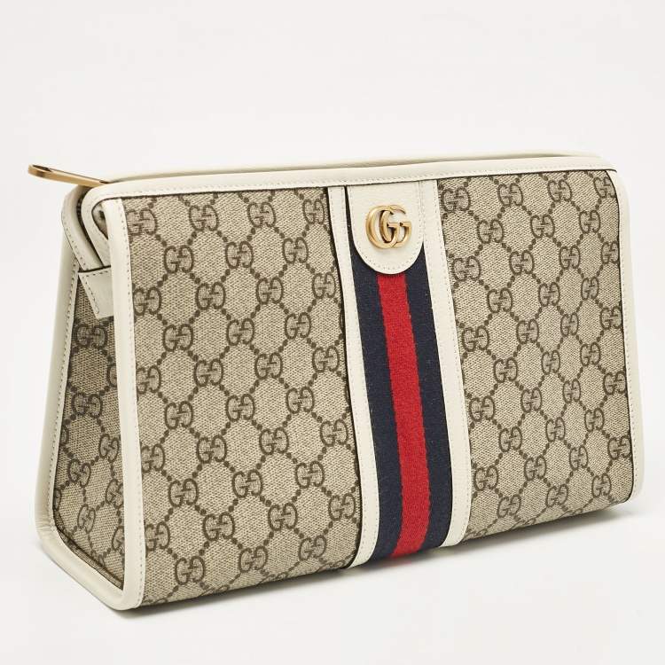 Pre Owned Gucci White/Beige GG Supreme Canvas Ophidia Pouch