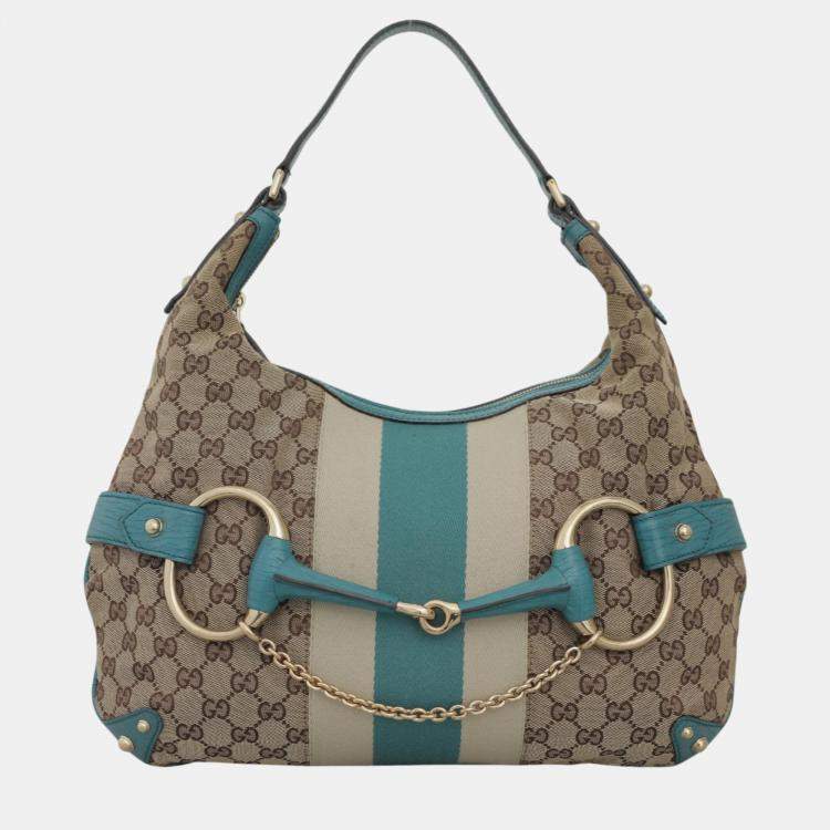 Pre Owned Gucci Blue, Brown Leather, Canvas Oversized Horsebit Hobo Bag 