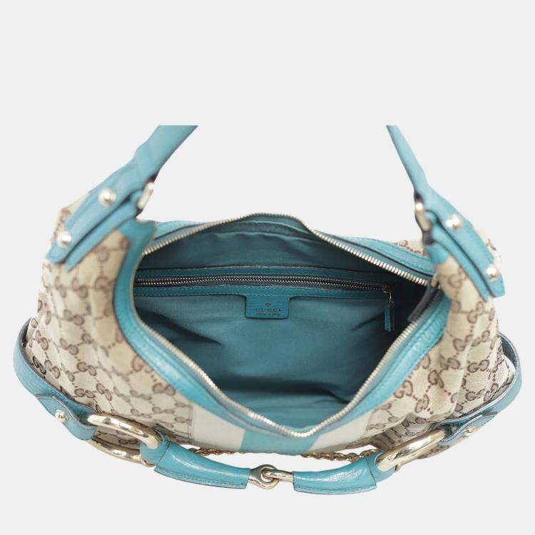 Pre Owned Gucci Blue, Brown Leather, Canvas Oversized Horsebit Hobo Bag 