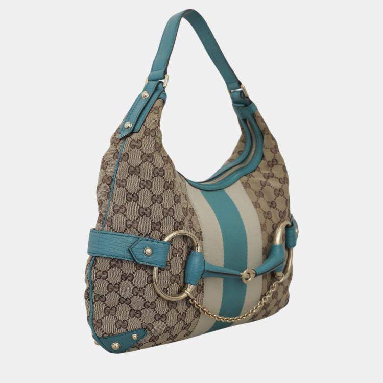 Pre Owned Gucci Blue, Brown Leather, Canvas Oversized Horsebit Hobo Bag 