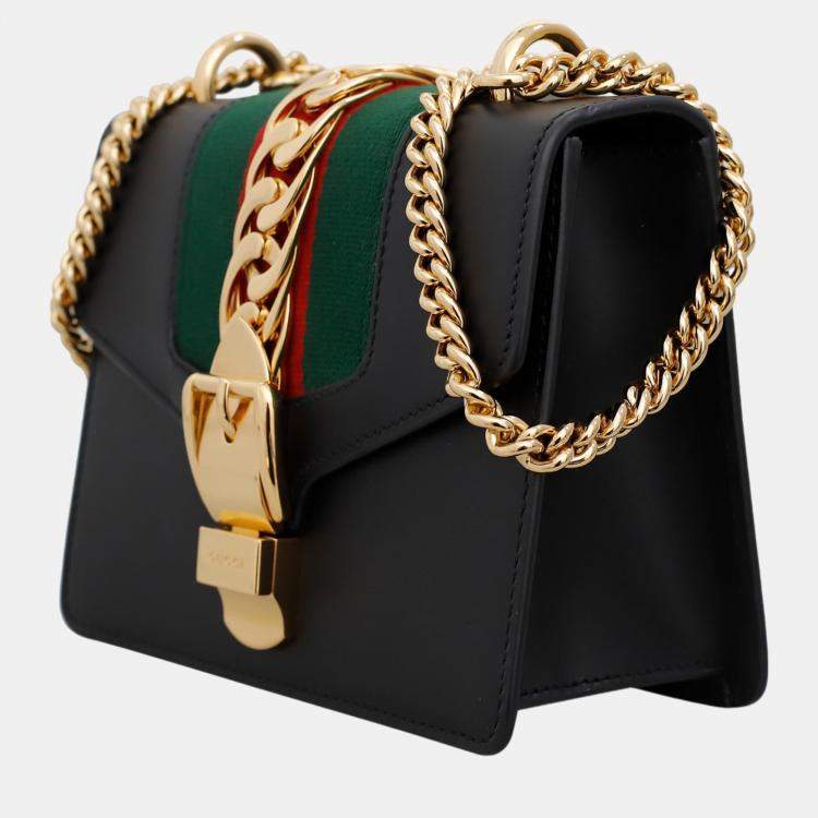 Pre Owned Gucci Black Calfskin Leather Mini Sylvie Chain Shoulder Bag 