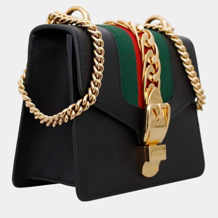 Pre Owned Gucci Black Calfskin Leather Mini Sylvie Chain Shoulder Bag 