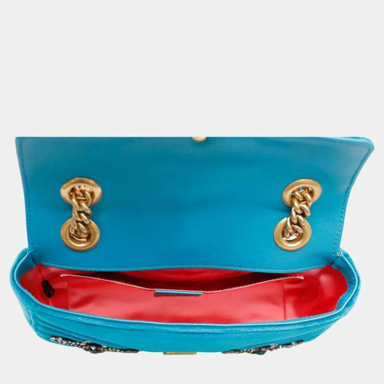 Pre Owned Gucci Teal Velvet Mini Velvet Embroidered GG Marmont Flap Bag 