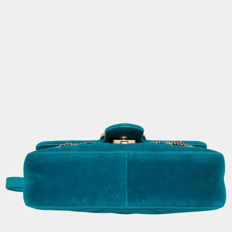 Pre Owned Gucci Teal Velvet Mini Velvet Embroidered GG Marmont Flap Bag 
