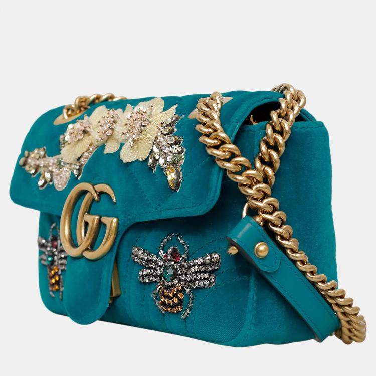 Pre Owned Gucci Teal Velvet Mini Velvet Embroidered GG Marmont Flap Bag 