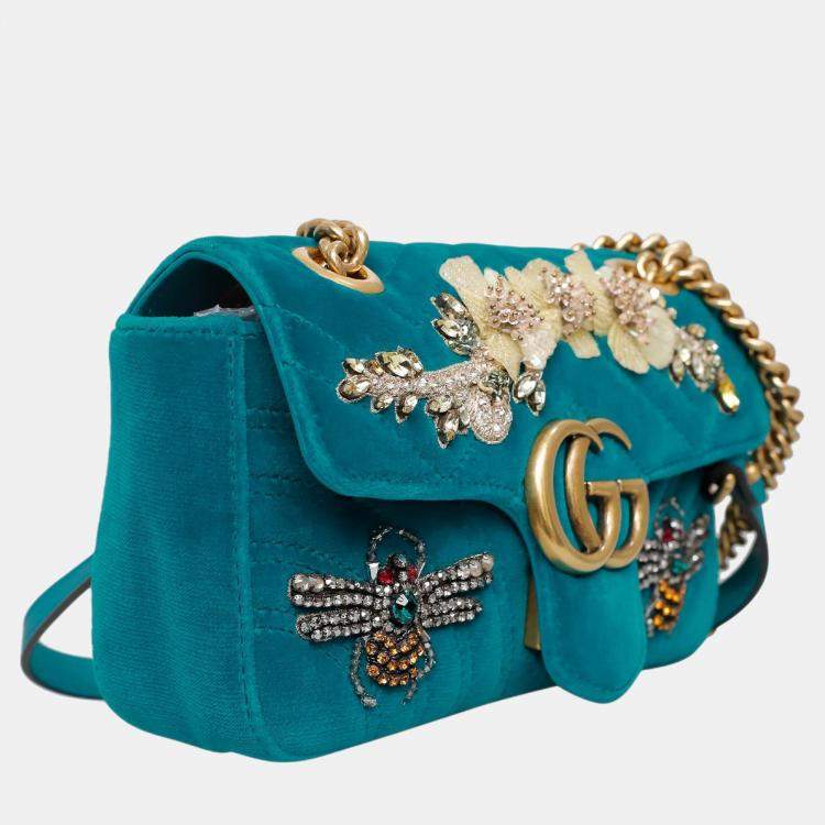 Pre Owned Gucci Teal Velvet Mini Velvet Embroidered GG Marmont Flap Bag 