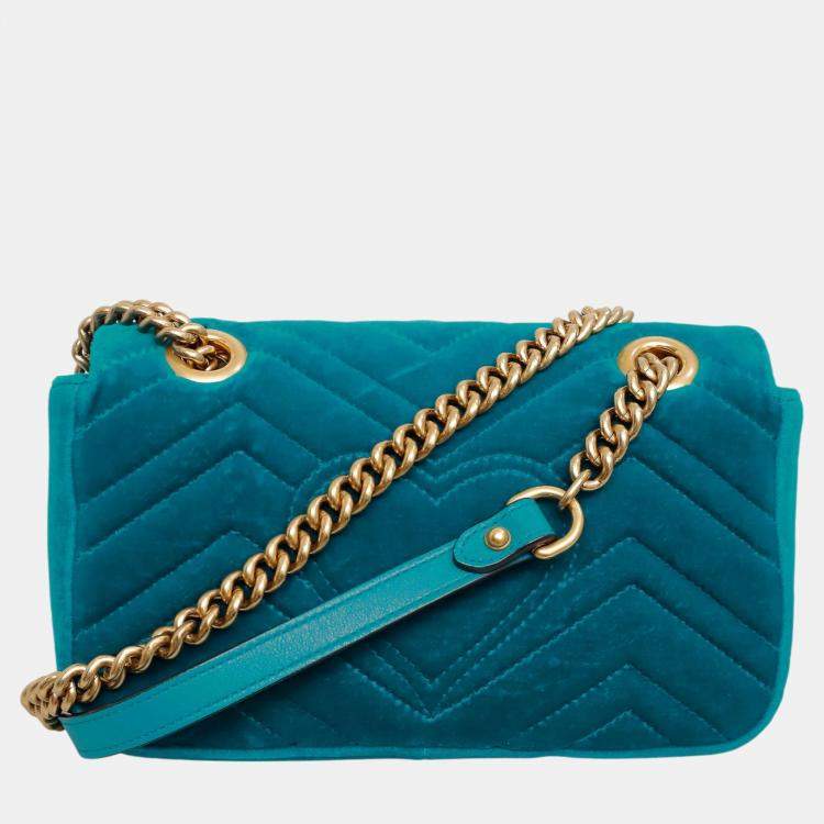 Pre Owned Gucci Teal Velvet Mini Velvet Embroidered GG Marmont Flap Bag 