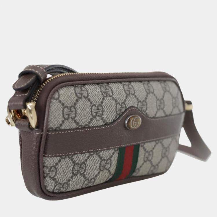 Pre Owned Gucci Brown/Beige Canvas and Leather Ophidia GG Mini Shoulder Bag