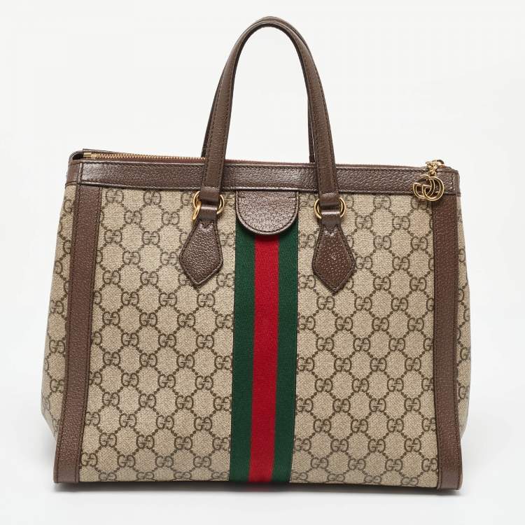 Pre Owned Gucci Beige/Brown GG Supreme Canvas and Leather Medium Ophidia Tote
