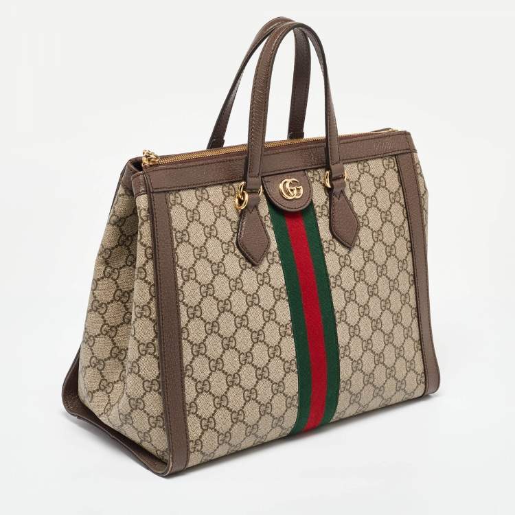 Pre Owned Gucci Beige/Brown GG Supreme Canvas and Leather Medium Ophidia Tote