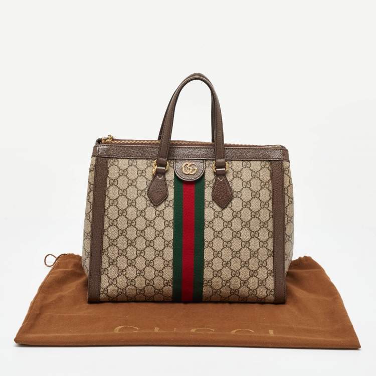 Pre Owned Gucci Beige/Brown GG Supreme Canvas and Leather Medium Ophidia Tote